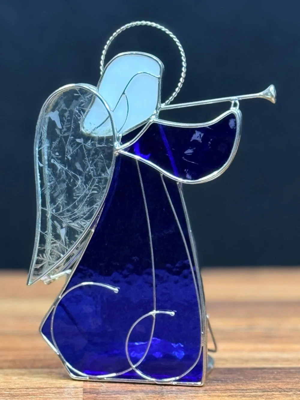 Stained Glass Angel Playing Horn Tea Light Candle Holder